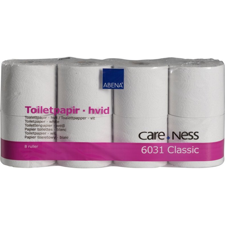 Toiletpapir, ABENA Care-Ness Classic, 2-lags, 50m x 9,6cm, �11,5cm, hvid, genanvendt papir