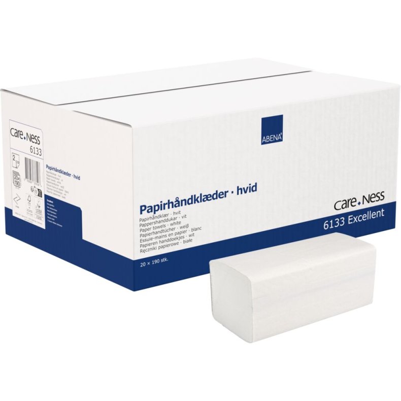H�ndkl�deark, ABENA Care-Ness Excellent, 2-lags, V-fold, 21x25cm, 10,5 cm, hvid, nyfiber