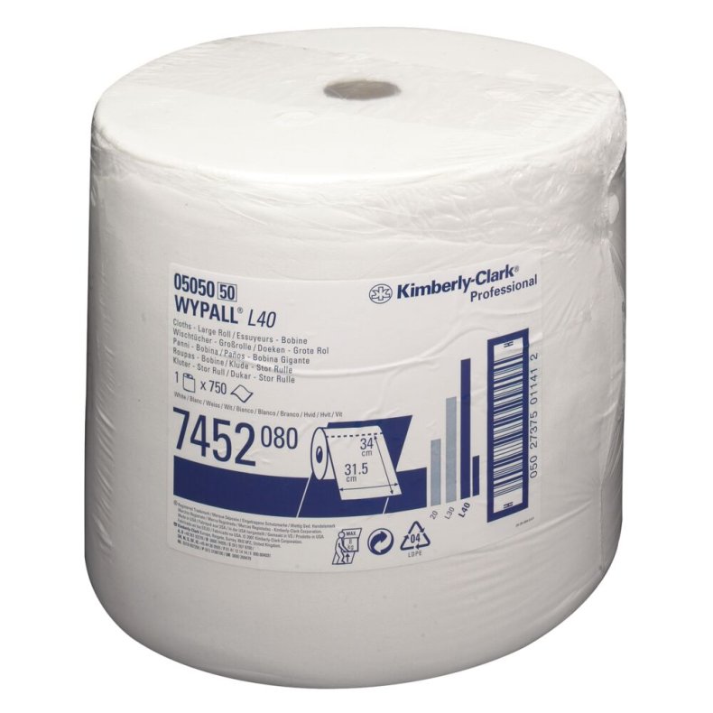 Industriaft�rring, Kimberly-Clark Wypall L40, 1-lags, 259m x 31,5cm, �40cm, hvid, nonwoven *Denne vare tages ikke retur*
