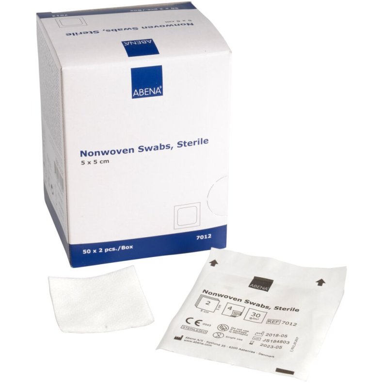 Nonwoven kompres, ABENA, 4-lags, 5x5cm, hvid, 2 stk./pouch, latexfri, steril *Denne vare tages ikke retur*