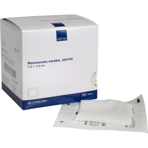 Kompres, nonwoven, ABENA, 4-lags, 7,5x7,5cm, hvid, 2 stk./pouch, latexfri, steril *Denne vare tages ikke retur*