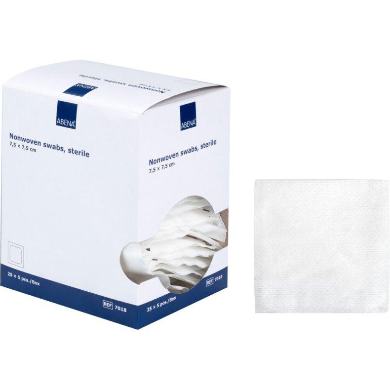 Nonwoven kompres, ABENA, 4-lags, 7,5x7,5cm, hvid, 5 stk./pouch, latexfri, steril *Denne vare tages ikke retur*