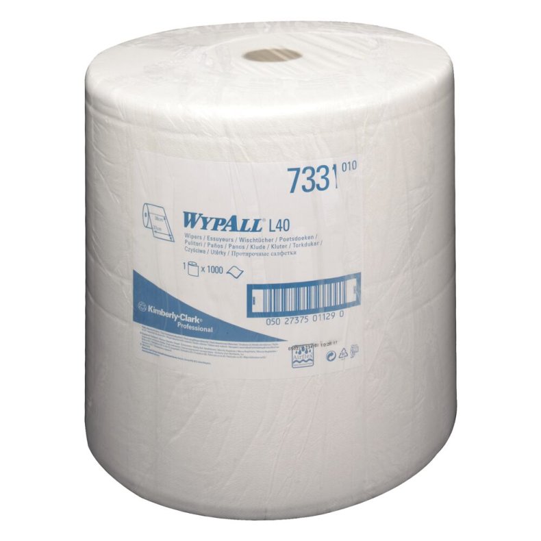 V�rkstedsrulle, Kimberly-Clark Wypall L40, 3-lags, 380m x 37cm, �38cm, hvid, genanvendt papir *Denne vare tages ikke retur*