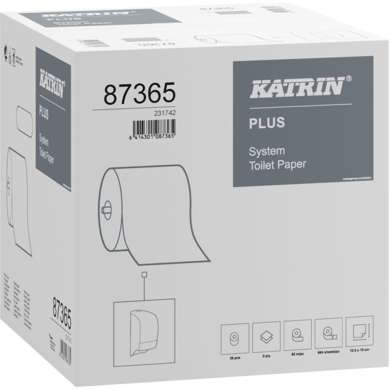 Toiletpapir, Katrin Plus, 2-lags, 85,5m x 10cm, �13,5cm, hvid, nyfiber