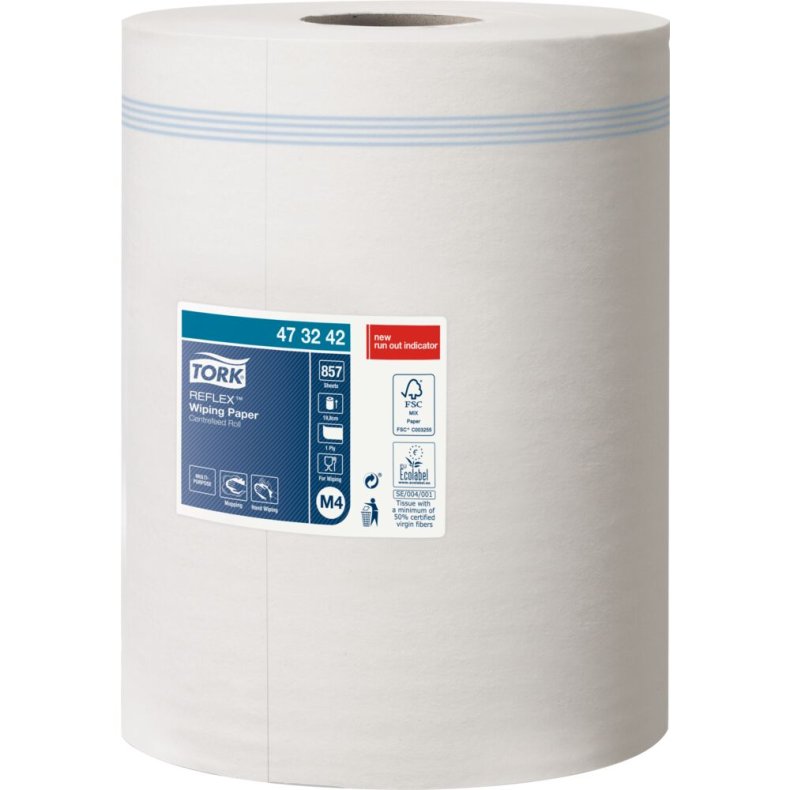 H�ndkl�derulle, Tork M4 Standard, 1-lags, Midi, 300m x 19,8cm, �19,5cm, hvid, blandingsfibre, med spiralhylse