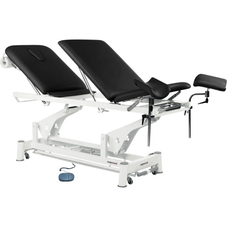 Gyn�kologisk leje, Ecopostural, 200x62cm, sort, 3-delt, elektrisk inkl. benholdere, taburet og fodpedal, max 250 kg. *Denne vare tages ikke retur*