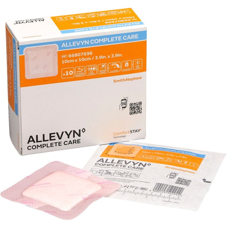 Skumbandage, Allevyn Complete care Square, S, 10x10cm, lyser�d, m/ silikonekl�b, steril, engangs, engangs *Denne vare tages ikke retur*