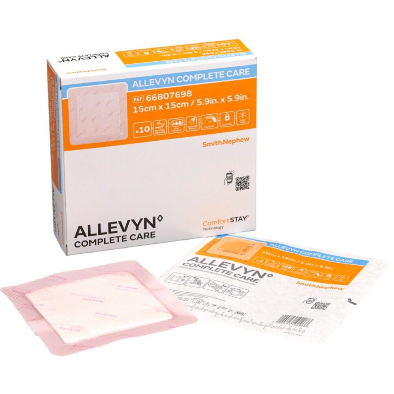 Skumbandage, Allevyn Complete care Square, L, 15x15cm, lyser�d, m/ silikonekl�b, steril, engangs, engangs *Denne vare tages ikke retur*