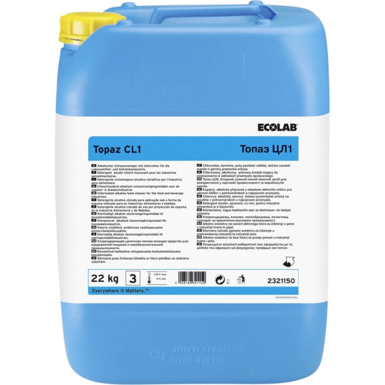 Skumreng�ring, Ecolab Topaz CL1, 20 l, alkalisk/affedtende, med klor, uden farve og parfume