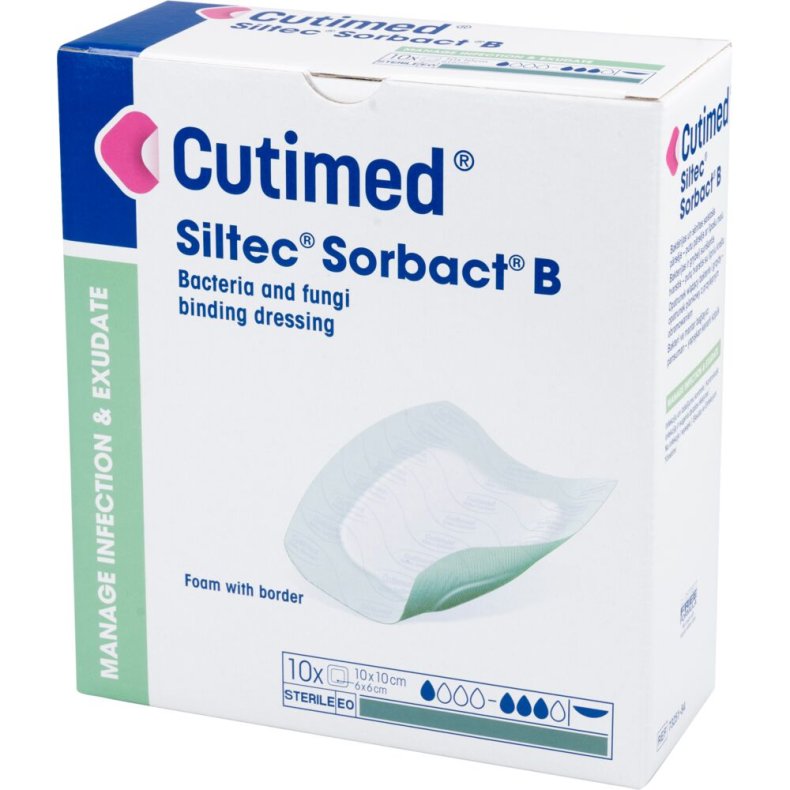 Bandage, hydrofob, Cutimed Siltec Sorbact B, 10x10cm, gr�n, m/silikonekl�b, latexfri, steril, engangs *Denne vare tages ikke retur*