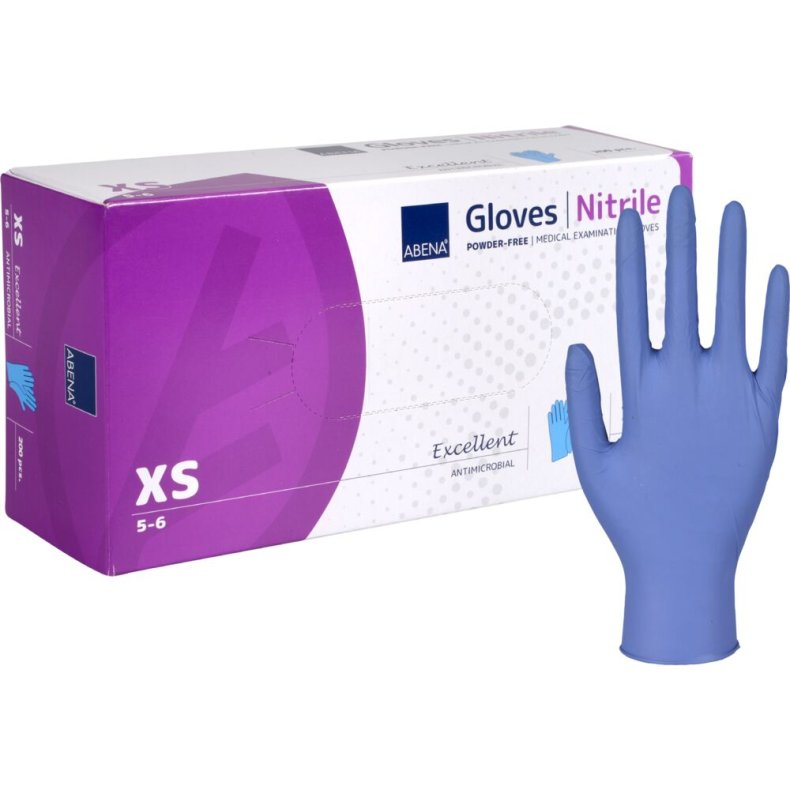 Unders�gelseshandske, antimikrobiel, ABENA Excellent, XS, bl�, nitril, pudderfri