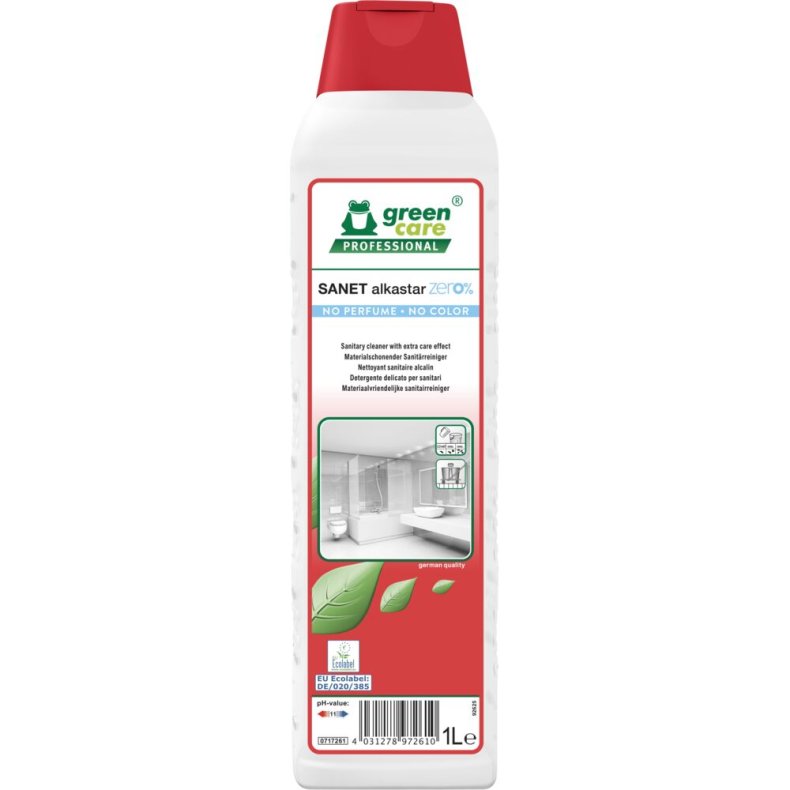 Sanitetsreng�ring, Green Care Professional SANET Alkastar zero%, 1 l, alkalisk/affedtende, uden farve og parfume