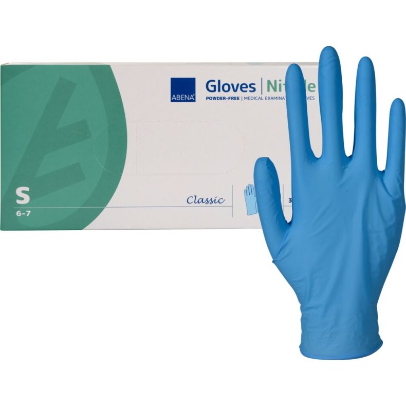 Unders�gelseshandske, ABENA Classic, S, bl�, nitril, pudderfri, 30 stk.