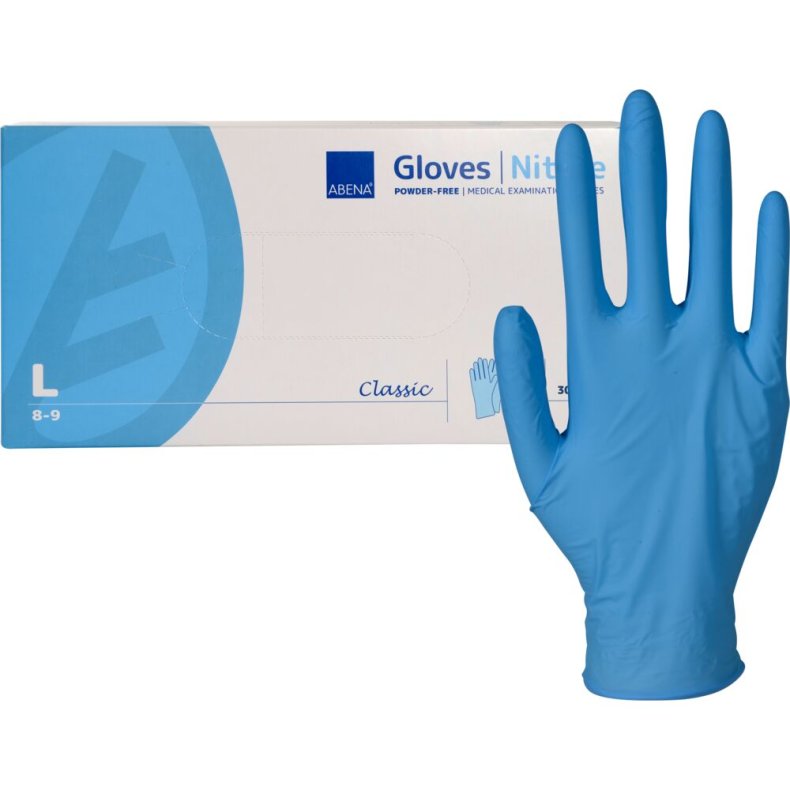 Unders�gelseshandske, ABENA Classic, L, bl�, nitril, pudderfri, 30 stk.